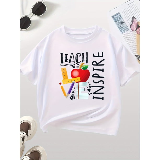 Girls' 100% Cotton Back-to-School Season {Letter} Print T-Shirt, Must-Have for Summer: Comfortable and Stylish!