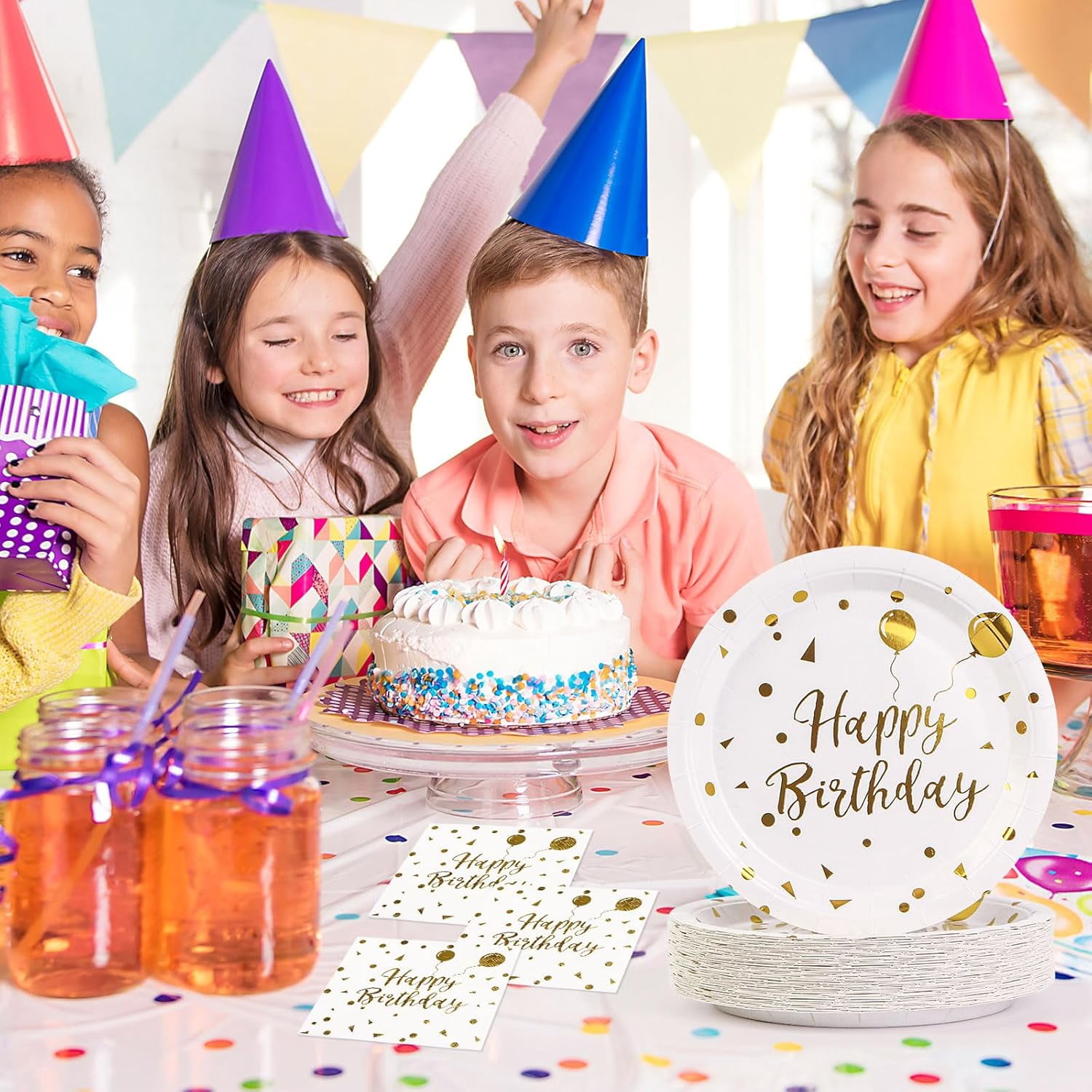 150 Pieces Happy Birthday Paper Plates and Napkins - 7" Colored Paper Plates and 6.5" Napkins with 6.3" Forks Disposable Cutlery Set for Birthday Party Decorations for 50 People