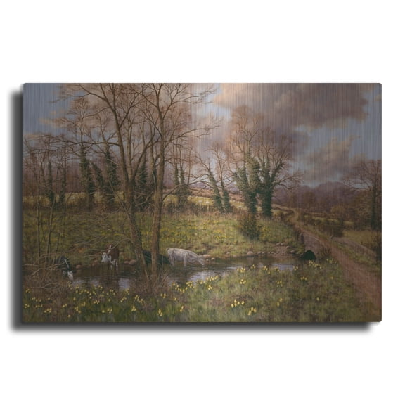 Luxe Metal Art 'Cattle And Daffodils' by Bill Makinson, Metal Wall Art, 36"x24"
