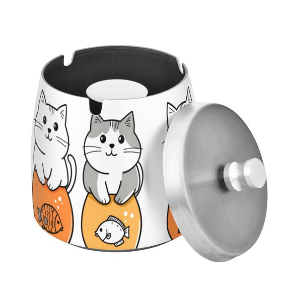 Yayeee Ashtray with Lid for Cigarette Smokeless Stainless Steel Home Ash Holder, Gray Cute Cat