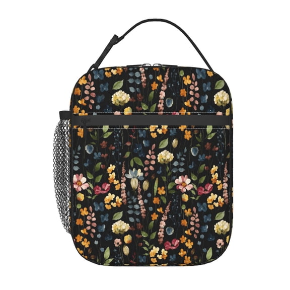 Dark Floral Lunch Bag Reusable Thermal Lunch Box with Handle for Women and Men