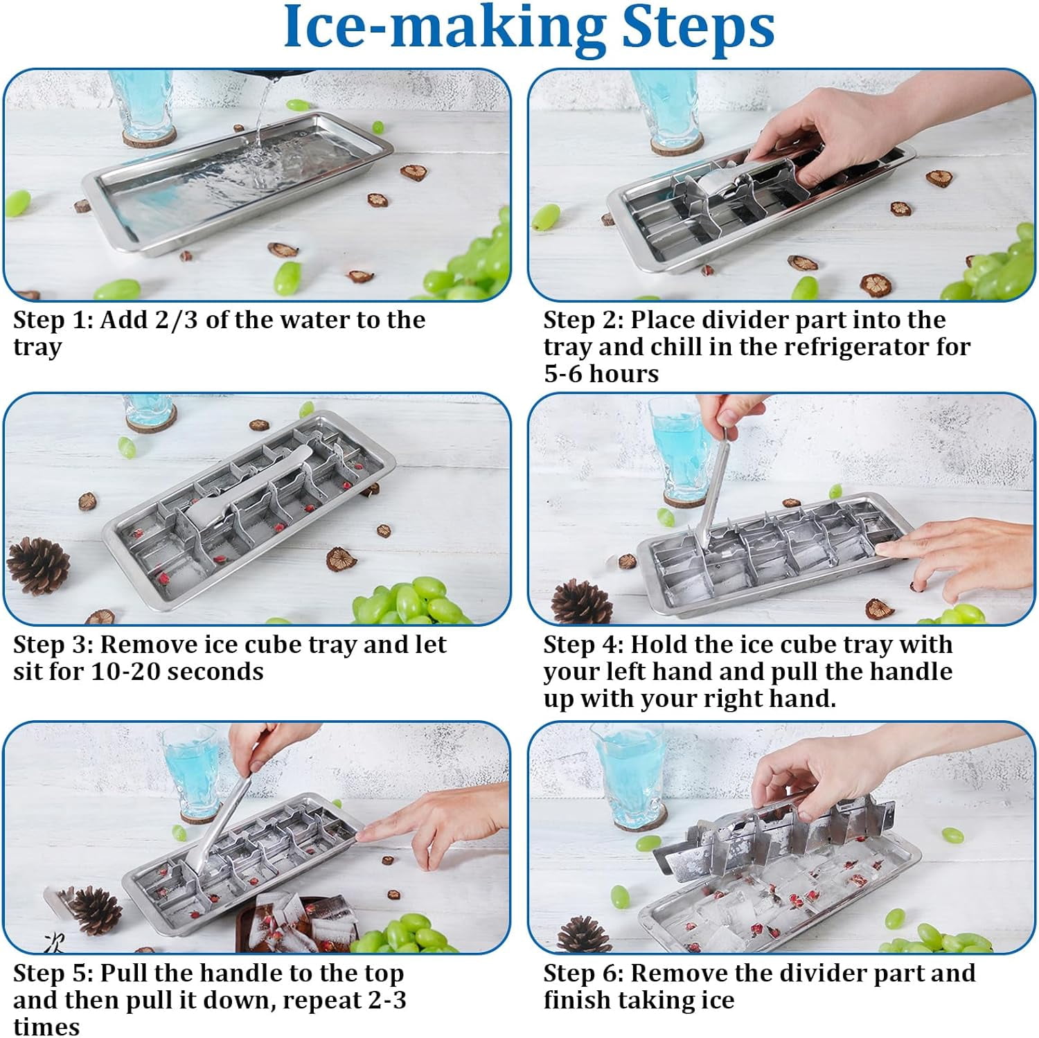 Stainless Steel Ice Cube Tray, Metal Icecube Tray with Lever and Tweezer for Freezer, Ice Making Tray with Removable Divided Trays, Retro Metalice Handle Made Icecubetray for Kitchen