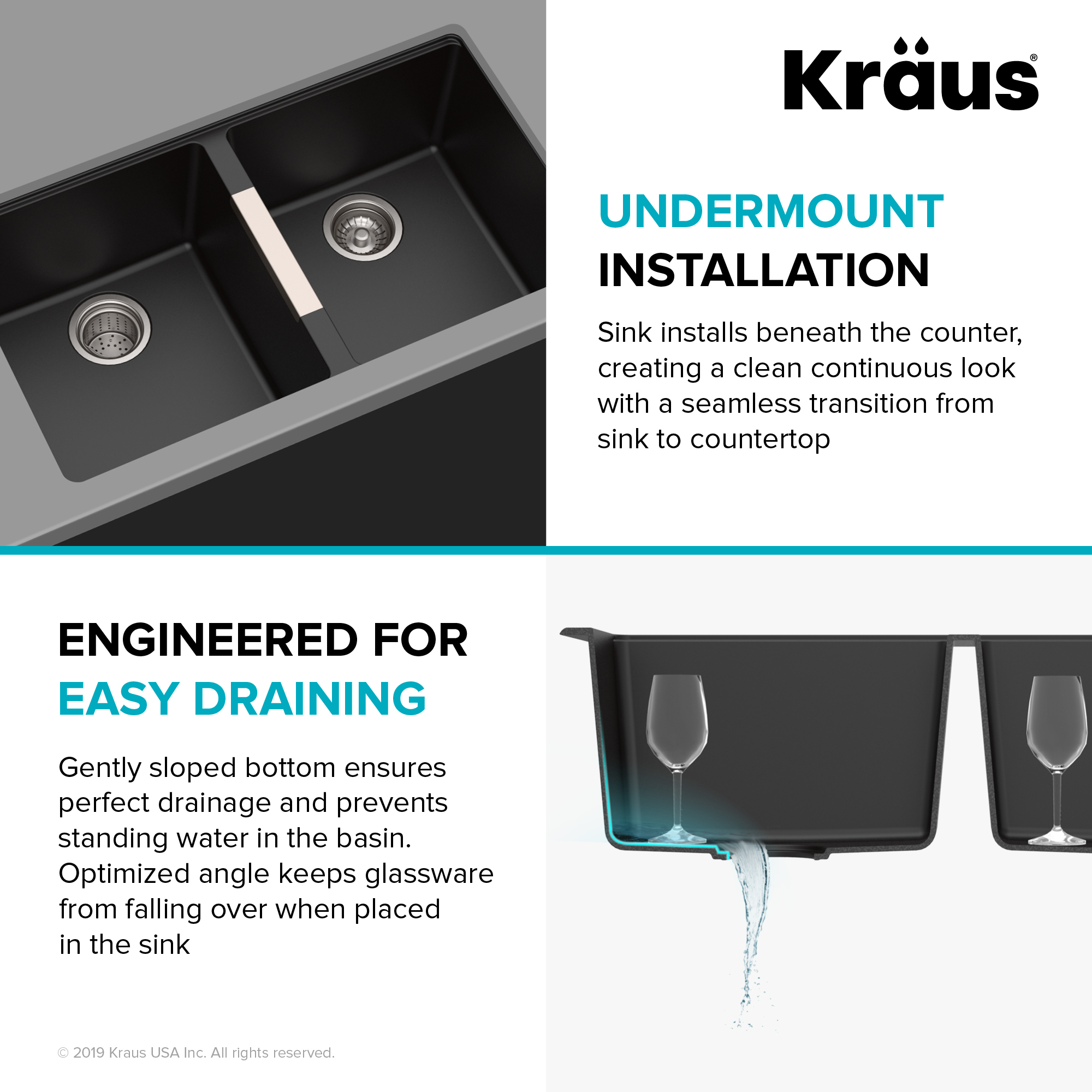 Kraus 33 Inch Undermount 50/50 Double Bowl Black Onyx Granite Kitchen Sink