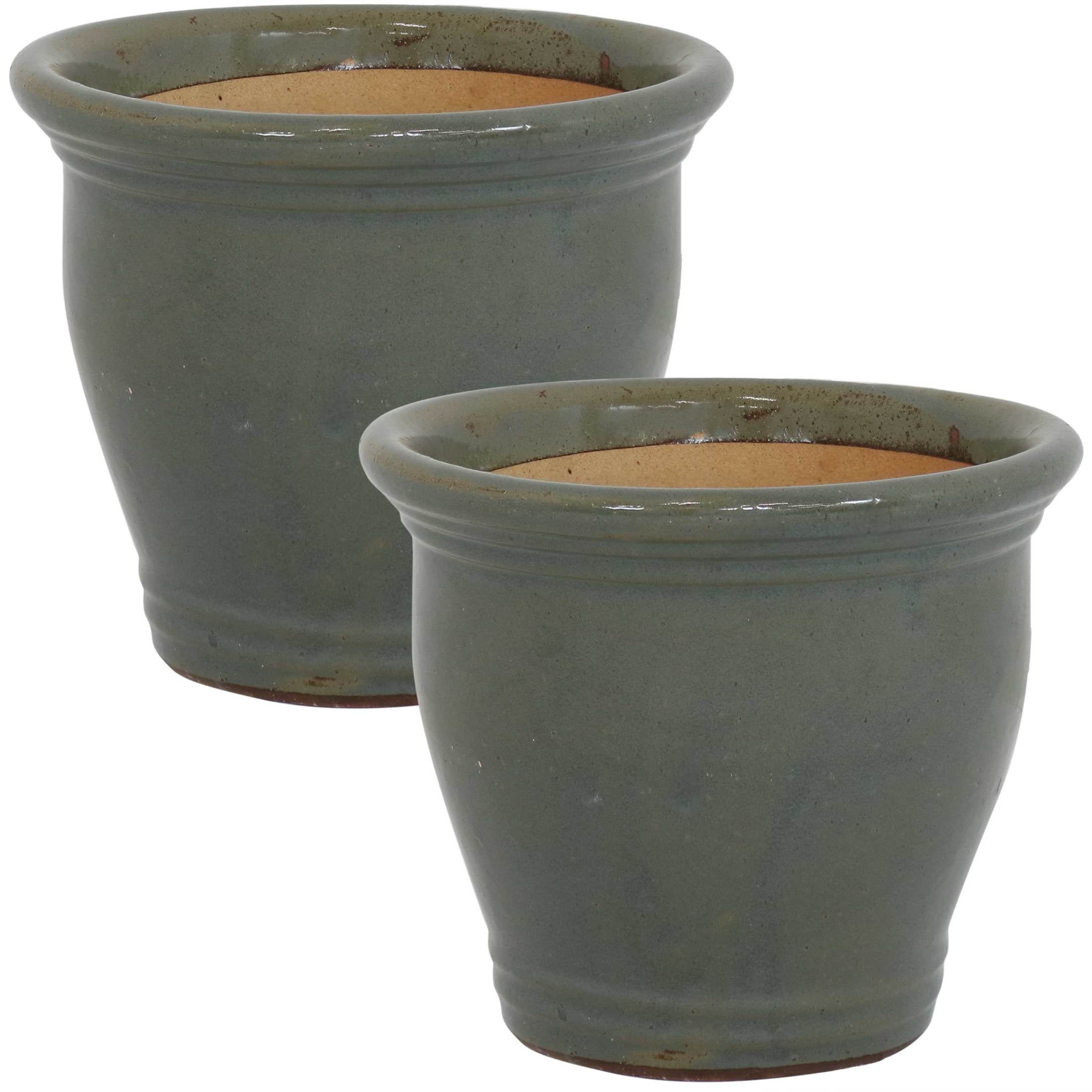Sunnydaze Studio 11.5" x 11.5" x 10" Round Gray Ceramic Outdoor Planter 2-Count