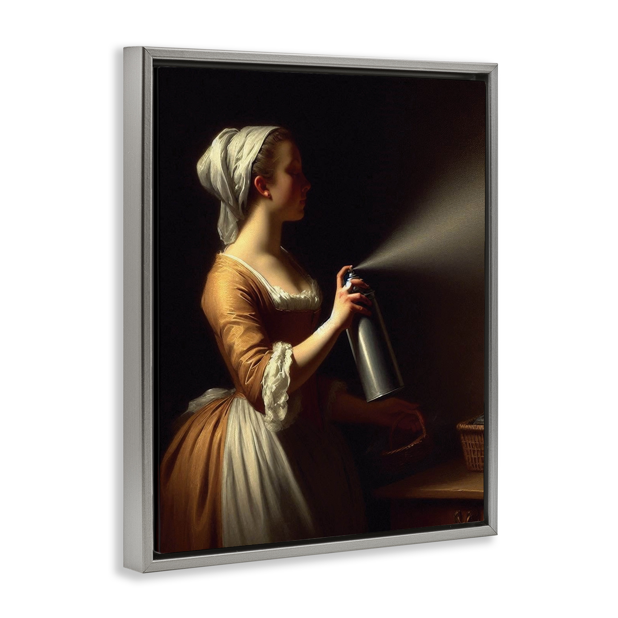 Funny Vintage Lady & Spray Paint Gray Framed Floater Canvas Wall Art, design by Lettered and Lined