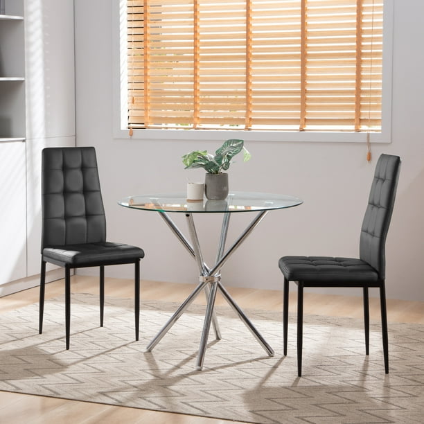 Boowill 3 Piece Dining Table Set for Small Spaces Kitchen Glass Round Table with Chairs, Dining