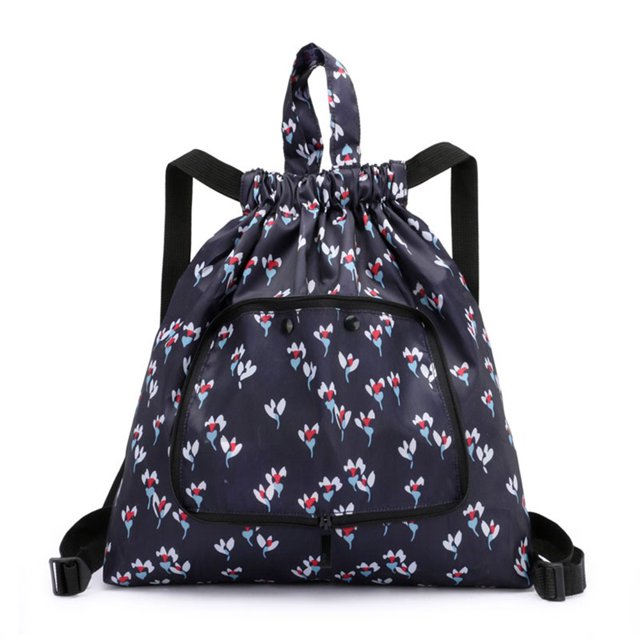 Foldable Flower Print Nylon Drawstring Waterproof Large Capacity Backpack Handbag for Shopping