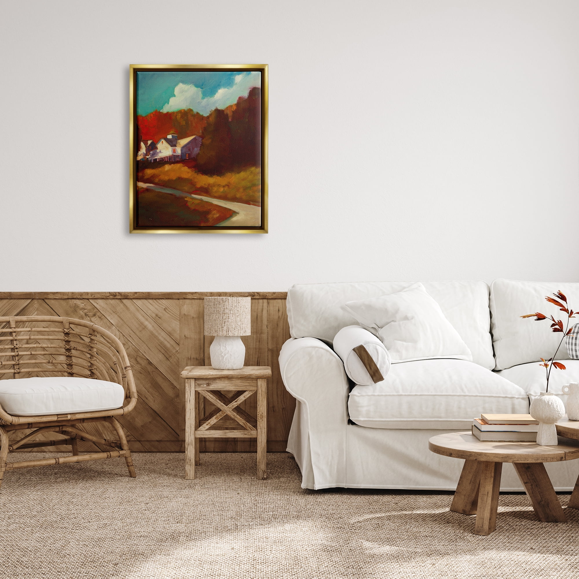 Stupell Industries Autumn Foliage Landscape Nature Painting Gold Floater Framed Art Print Wall Art, 25 x 31