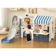 KORIMEFA 10-in-1 Toddler Slide with Basketball Hoop, Outdoor Slide for Age 1-3 with Kid Playhouse, Indoor Playset Toddler Playground Set