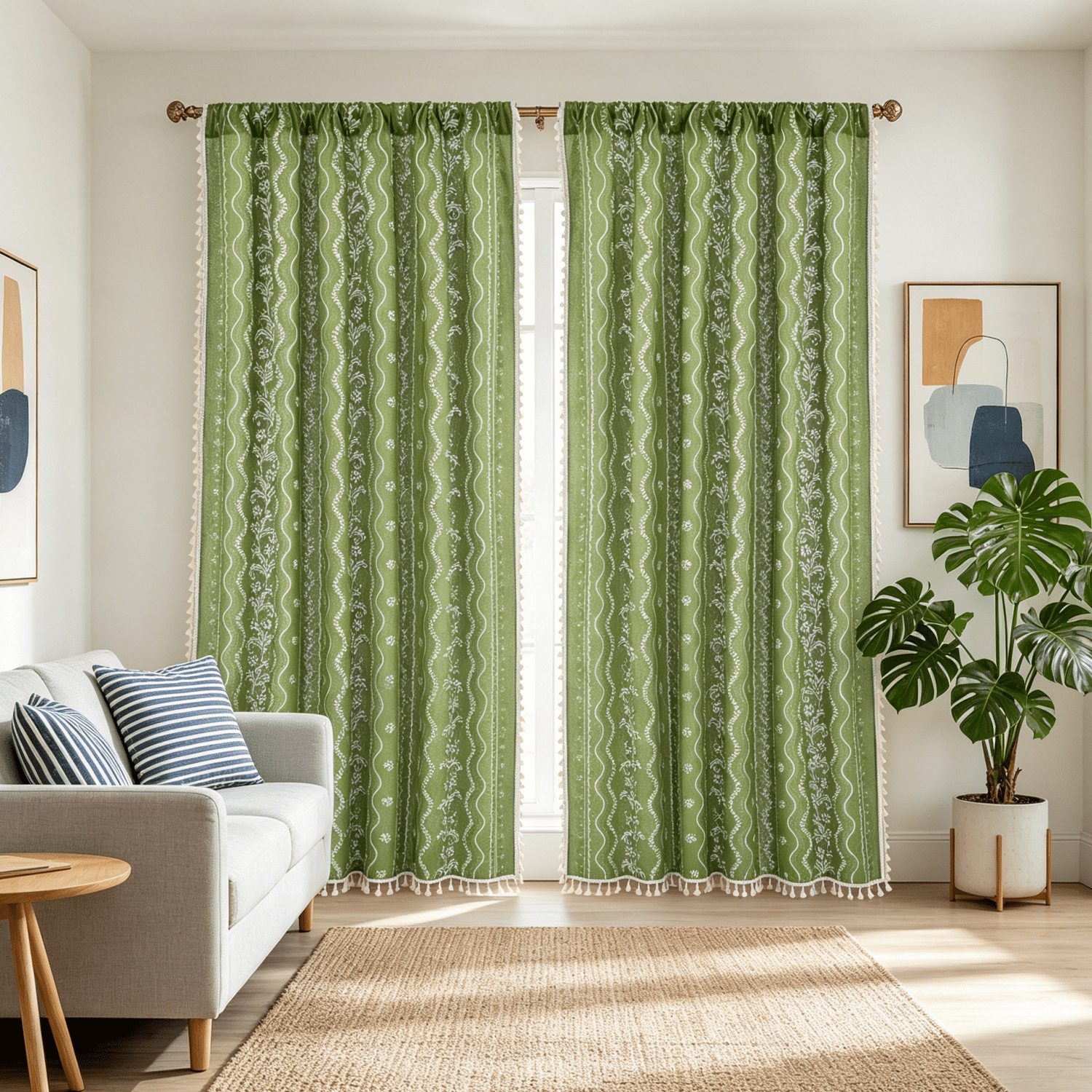 Invoibler Boho Farmhouse Sage Green Light Filtering Linen Curtains with Tassels & White Pattern, 52"x 84", 2 Panels