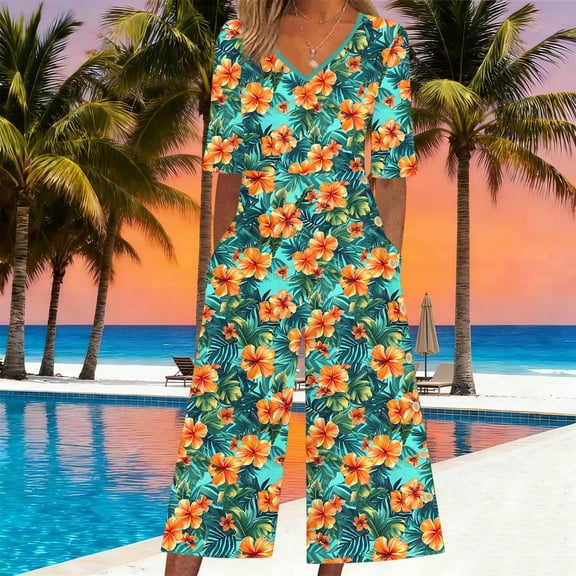 Ynynloco Women's Tropical Floral V-Neck Jumpsuit Half Sleeve Wide Leg Casual Jumpsuit with Pockets