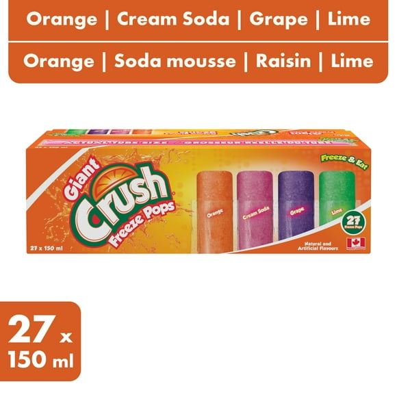 Crush Giant Freeze Pops - Orange, Cream Soda, Grape, Lime - 27 x 150 ml, 27 x 150 ml