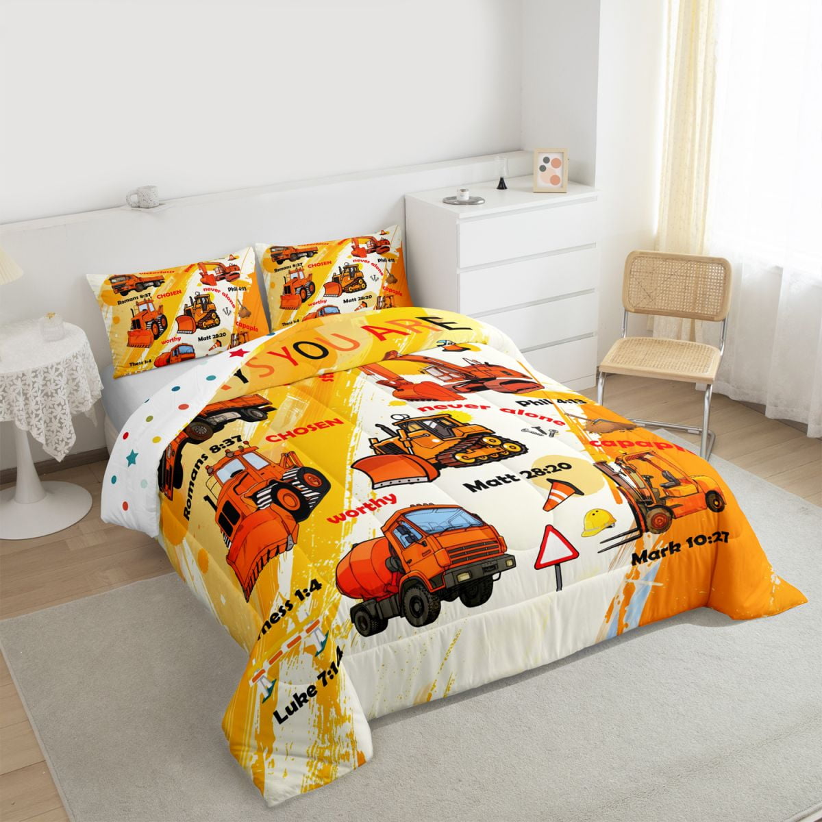 Manfei Orange Graffiti Full Size Comforter Sets,Excavator Bulldozer Truck Bedding Comforter Set,Construction Vehicles Bedding Sets For Boys,Luxury Bedroom Decor Reversible,3 Pieces