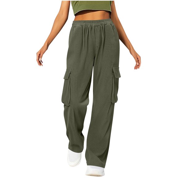 RYRJJ Womens Wide Leg Cargo Pants Corduroy Elastic High Waist Loose Casual Joggers Trendy Sweatpants with Pockets(Army Green;XXL)