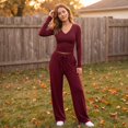 thumbnail image 7 of Lounge Set V Neck Ruched Long Sleeve Crop Top Drawstring Wide Leg Pants Sets for Women Cozy Loose Fit Casual Outfits Wine M, 7 of 7