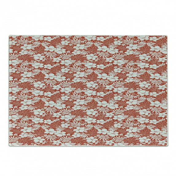 Luau Cutting Board, Hawaiian Hibiscus Florets Bouquet Summer Petals Exotic Beauty Wildflowers Print, Decorative Tempered Glass Cutting and Serving Board, Small Size, Vermilion White, by Ambesonne