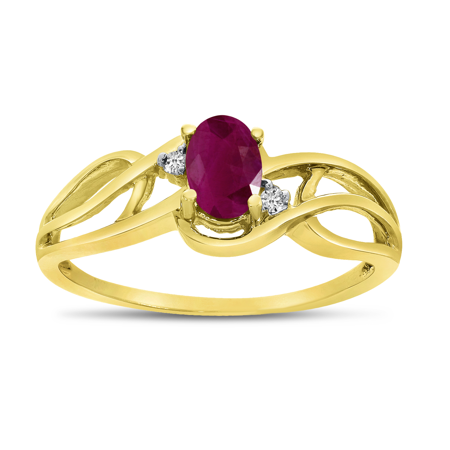 Direct-Jewelry - 10k Yellow Gold Oval Ruby And Diamond Curve Ring