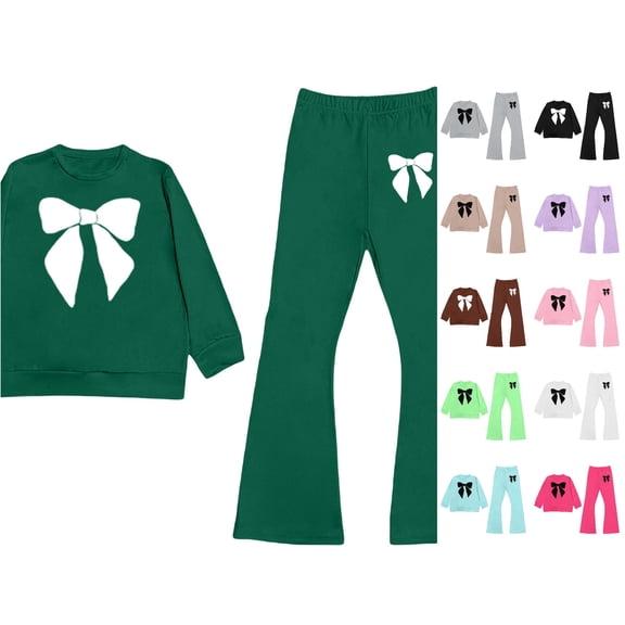 LIIPEE Girls Casual Outfits 2 Piece Bowknot Print Long Sleeve Sweatshirts Flared Pants Kids Autumn Cute Comfortable Everyday Outfit Sets,9-10 Years