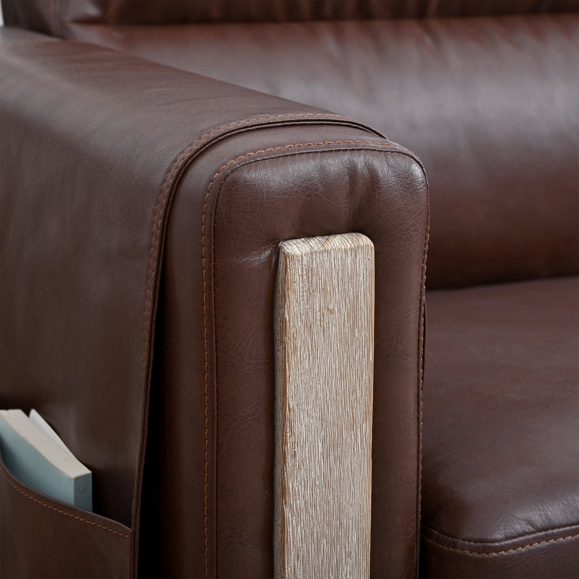 PU Leather 3 Seater Sofa,79.5" Mid Century Modern Upholstered Sofa Couch with 2 Side Storage Pockets,for Living Room,PU Brown