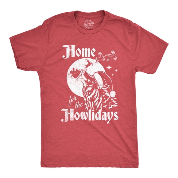 Mens Home for The Howlidays T Shirt Funny Xmas Howling Wolf Tee for Guys (Heather Red - HOWLIDAYS) - XXL