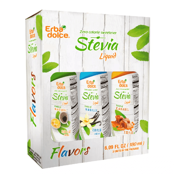 Erba Dolce Stevia Liquid Sweetener 3 Flavor Pack - Natural, Vanilla, Caramel 6.09 Fl Oz