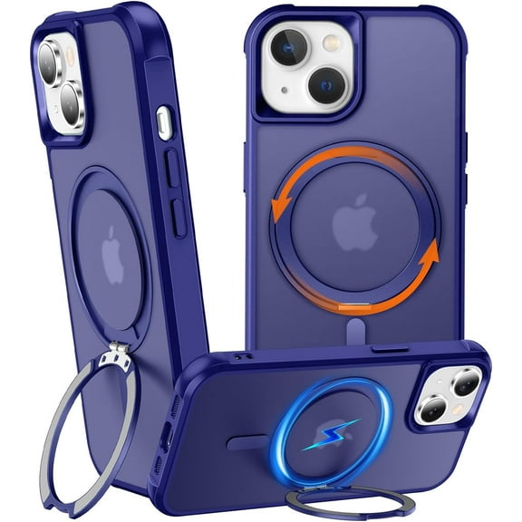 360° Rotatable Stand for iPhone 13 Case with Magnetic [ Grade Drop Tested][Adjustable Kickstand] Ring Translucent Slim Hard Back Soft Edge, Blue