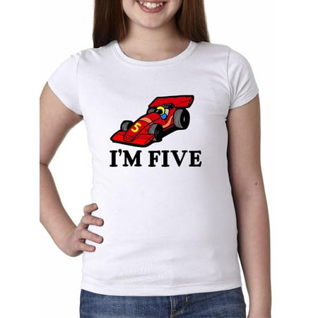 I'm 5 - Cartoon Race Car - Fifth Birthday - Gift Girl's Cotton Youth T-Shirt