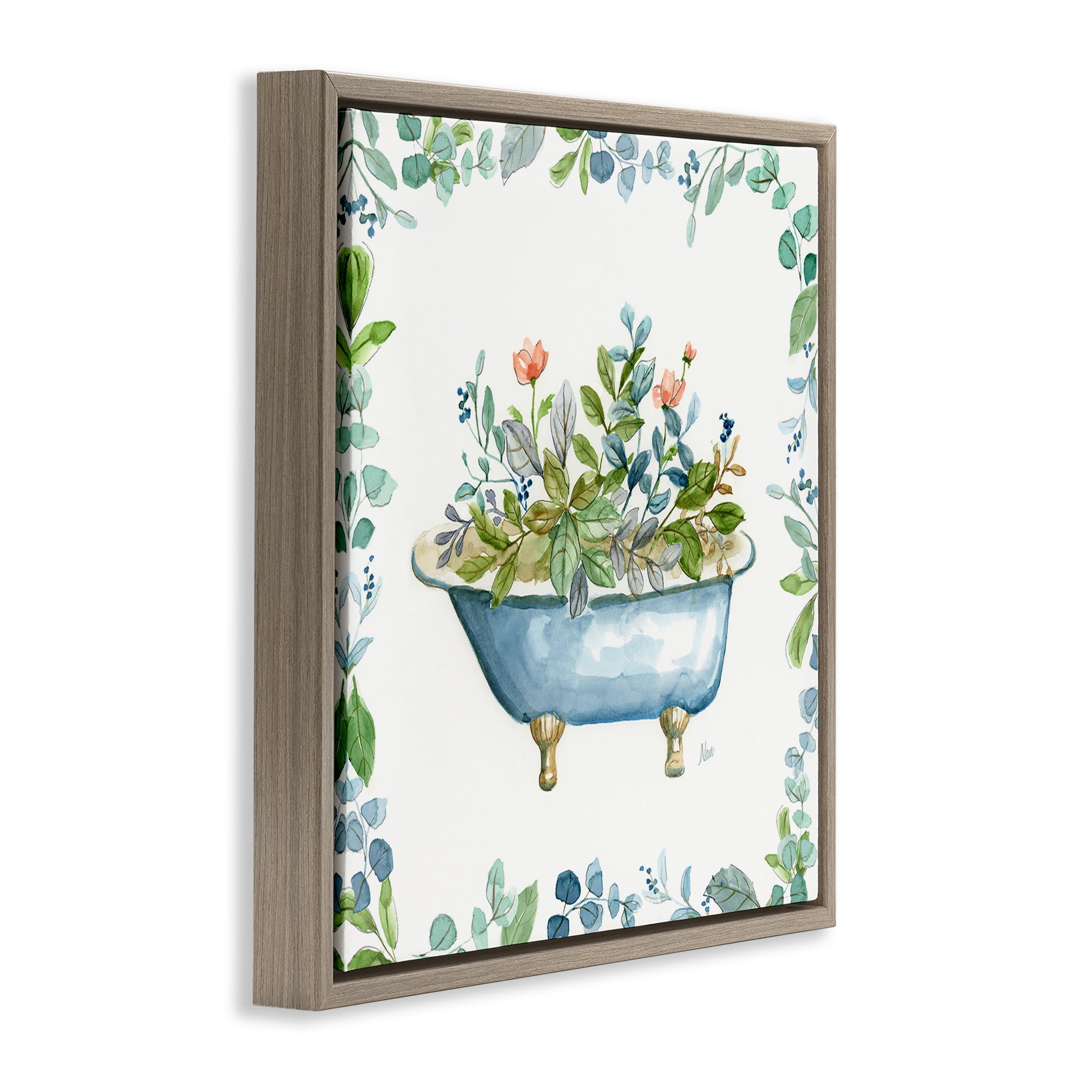 Stupell Industries Botanical Bath Tub Typography Painting Brown Floater Framed Canvas Art Print Wall Art, 18 x 18