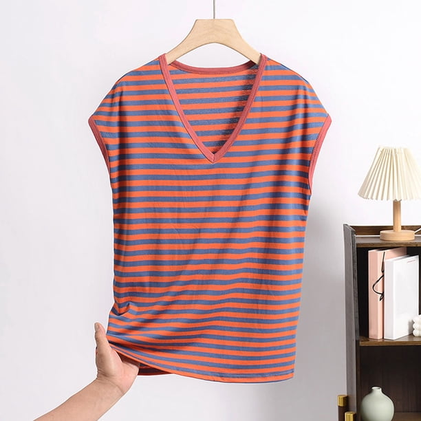 Pijama de manga corta para mujer, informal, holgado, a rayas, con cuello en V, de verano, fino, de poliéster