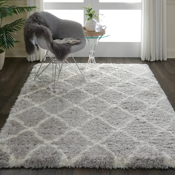 Nourison Ultra Plush Shag Trellis Grey/Ivory 5' x 7' Area Rug, (5x7)