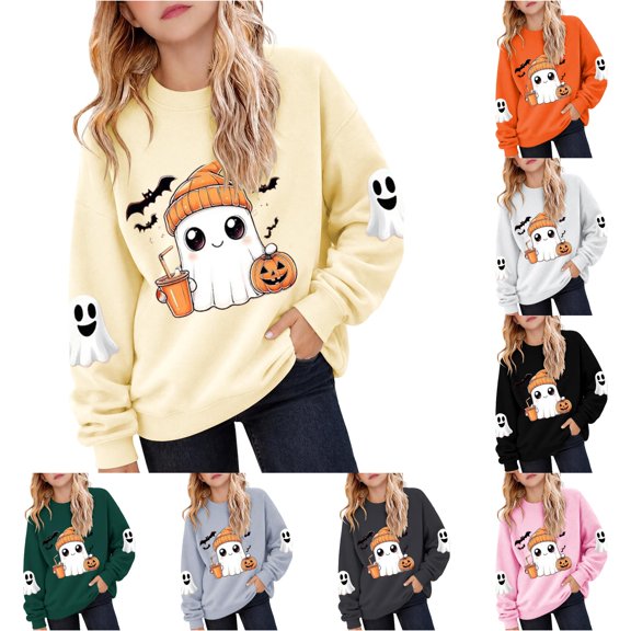 XAOFW Girls Halloween Sweatshirt Pumpkin Ghost Printed Long Sleeve Crew Neck Sweatshirts Autumn Winter Cozy Graphic Pullover For Toddler Kids Stylish Tops 2-3 Years