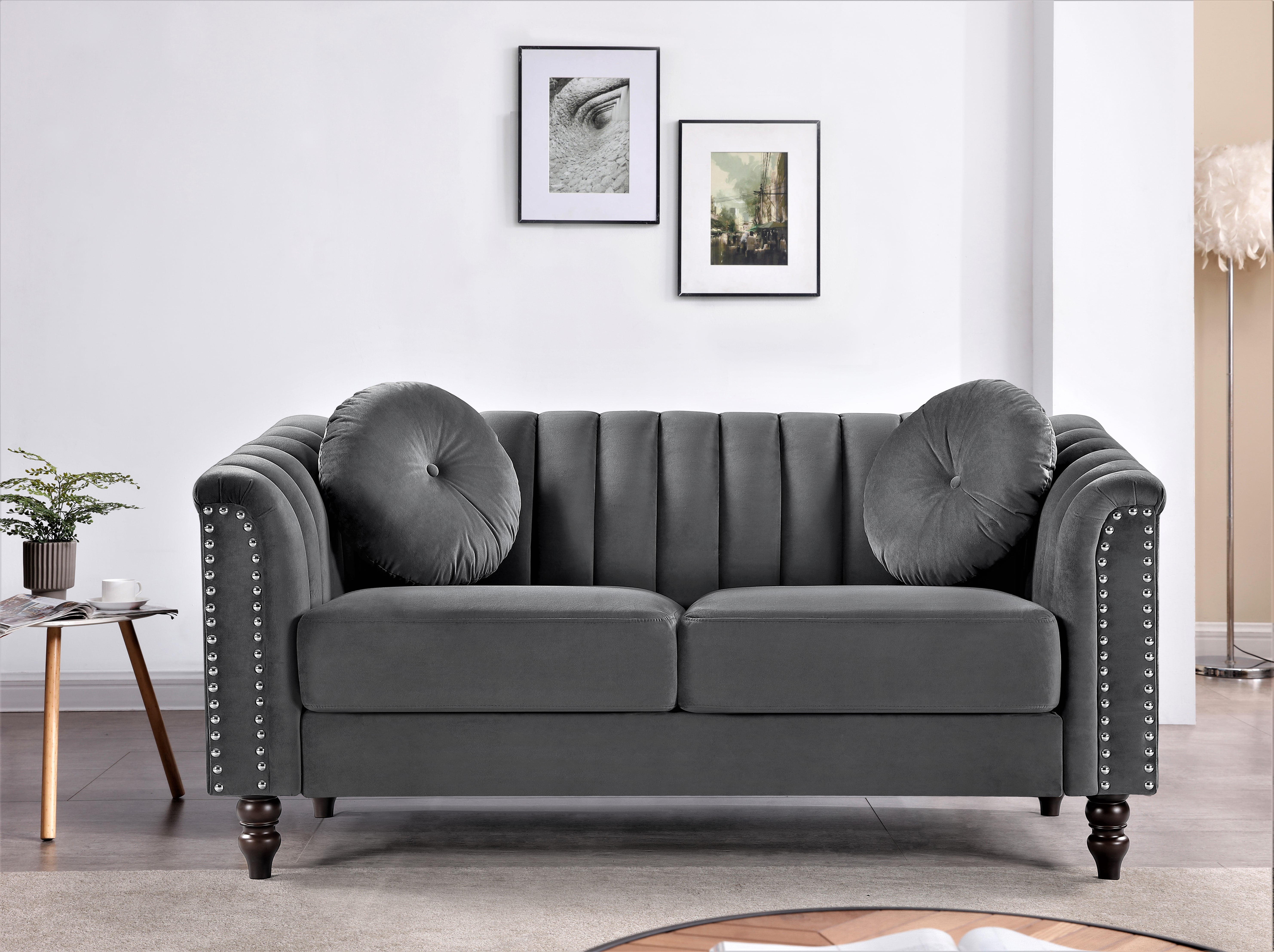 Uspridefurniture Living Room Set Classic Tufted Velvet Nailhead Trim, Grey