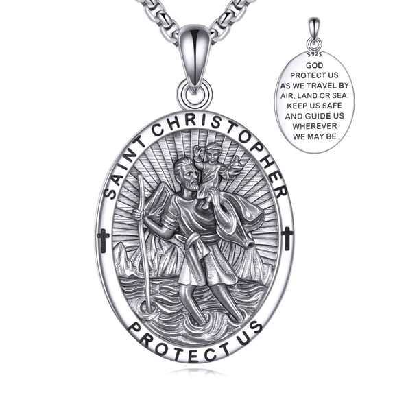 Patron Saint Necklace S925 Sterling Silver Amulet Medal Pendant Religious Protection Jewelry Gifts for Women Men (B01-Saint Christopher?Oval)