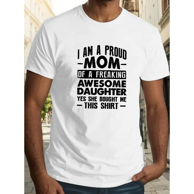 Proud Mom Casual T-Shirt for Men - Polyester Knit Fabric with Slight Stretch, Crew Neck, Geometric Pattern, Regular Fit - Perfect for Adults, Summer Top