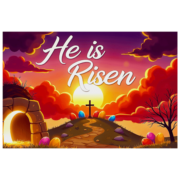 Easter Themed Backdrop Banner with Cross Tomb and Eggs He is Risen Party Decorations Background Photography Props Easter Celebration Easter Party Decor