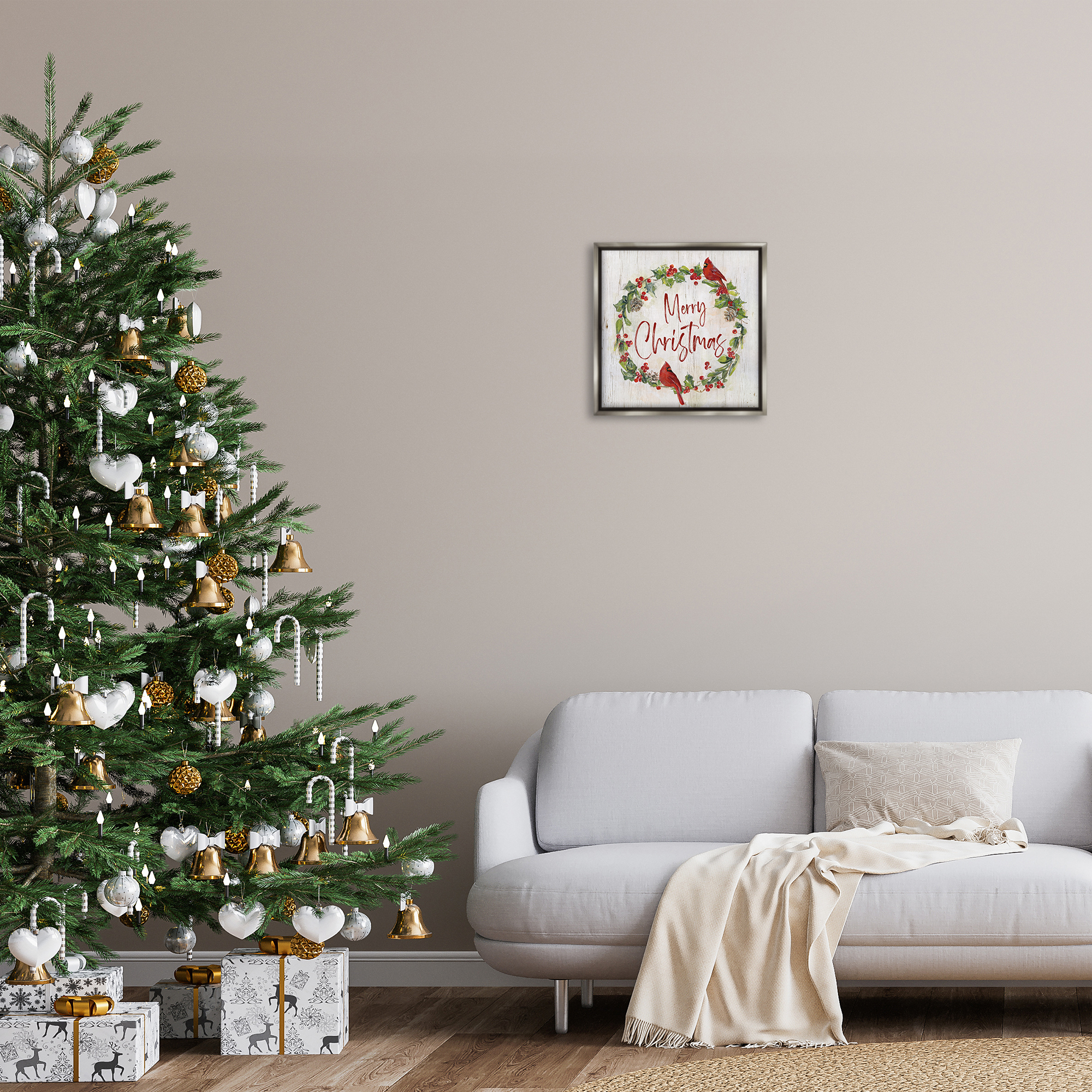 Stupell Industries Christmas Seasonal Wreath Holiday Painting Gray Floater Framed Canvas Art Prints Wall Art, 18 x 18