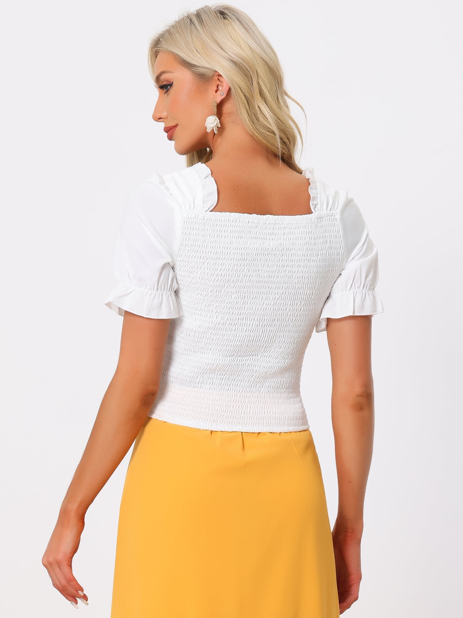 DARING DIVA Women's Smocked Square Neck Short Sleeve Ruffle Shirred Tops M White