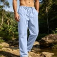 thumbnail image 2 of GrmtClth Mens Summer Beach Linen Pants Baggy Straight Leg Cut Stretch Elastic Waist With Drawstring Deep Side Pocket Breathable Daily Wear Trousers Light Blue 5XL, 2 of 7