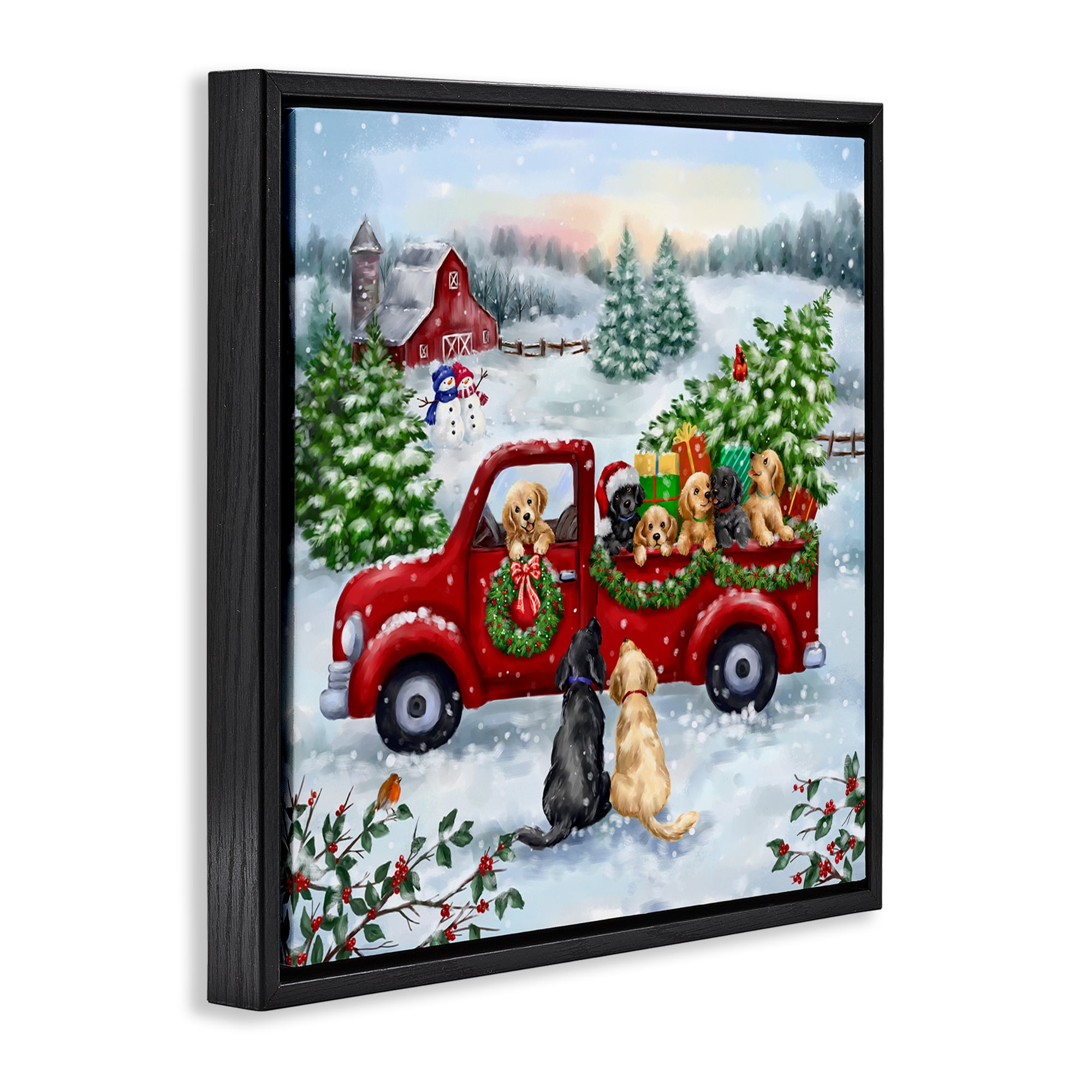 Stupell Industries Holiday Truck & Tree Holiday Painting Black Floater Framed Canvas Art Prints Wall Art, 25 x 25