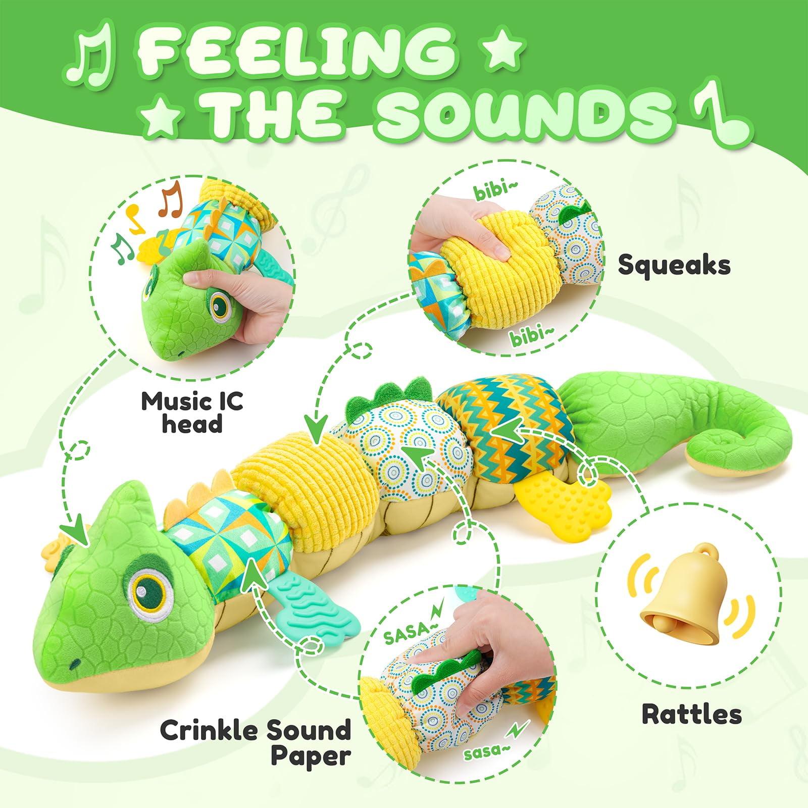 Newborn Baby Toys 0-12 Months - Musical Stuffed Dinosaur Plush, Multi-Sensory Crinkle Rattles & Textured Design, Tummy Time Early Development Gift for Infant Girls