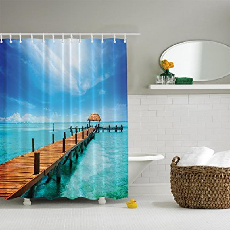 Tropical IslandShower CurtainWater,Soap,Mildew resistantShower Hooks