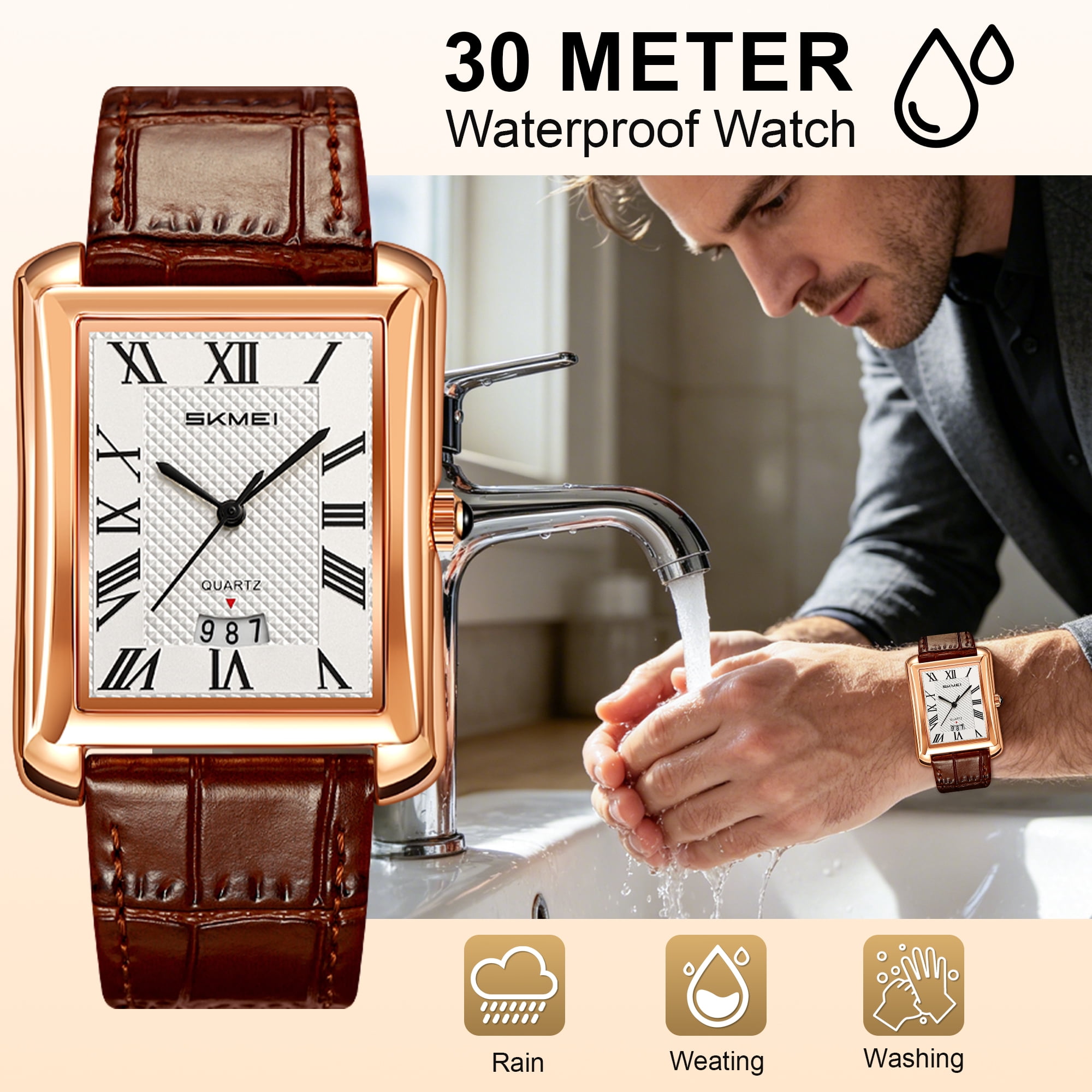 SKMEI Retro Classic Square Watches for Men Quartz Analog Waterproof Watch Leather Business Casual Mens Wrist Watch