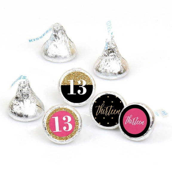 Big Dot of Happiness Chic 13th Birthday - Pink, Black and Gold - Round Candy Sticker Favors - Labels Fits Chocolate Candy (1 sheet of 108)
