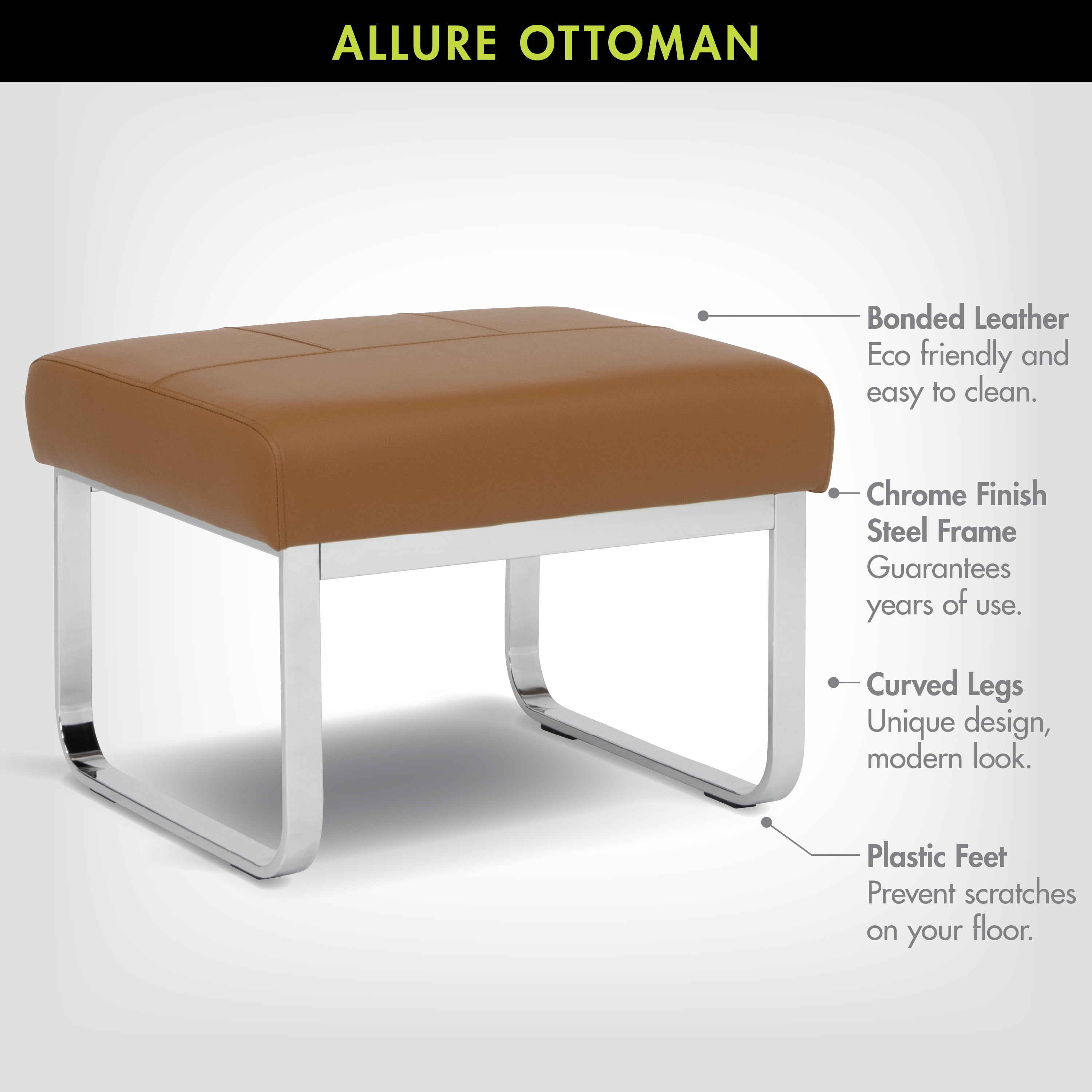 Studio Designs Home Allure Modern Rectangular Thick 5" Cushions Ottoman In Chrome and Caramel Blended Leather