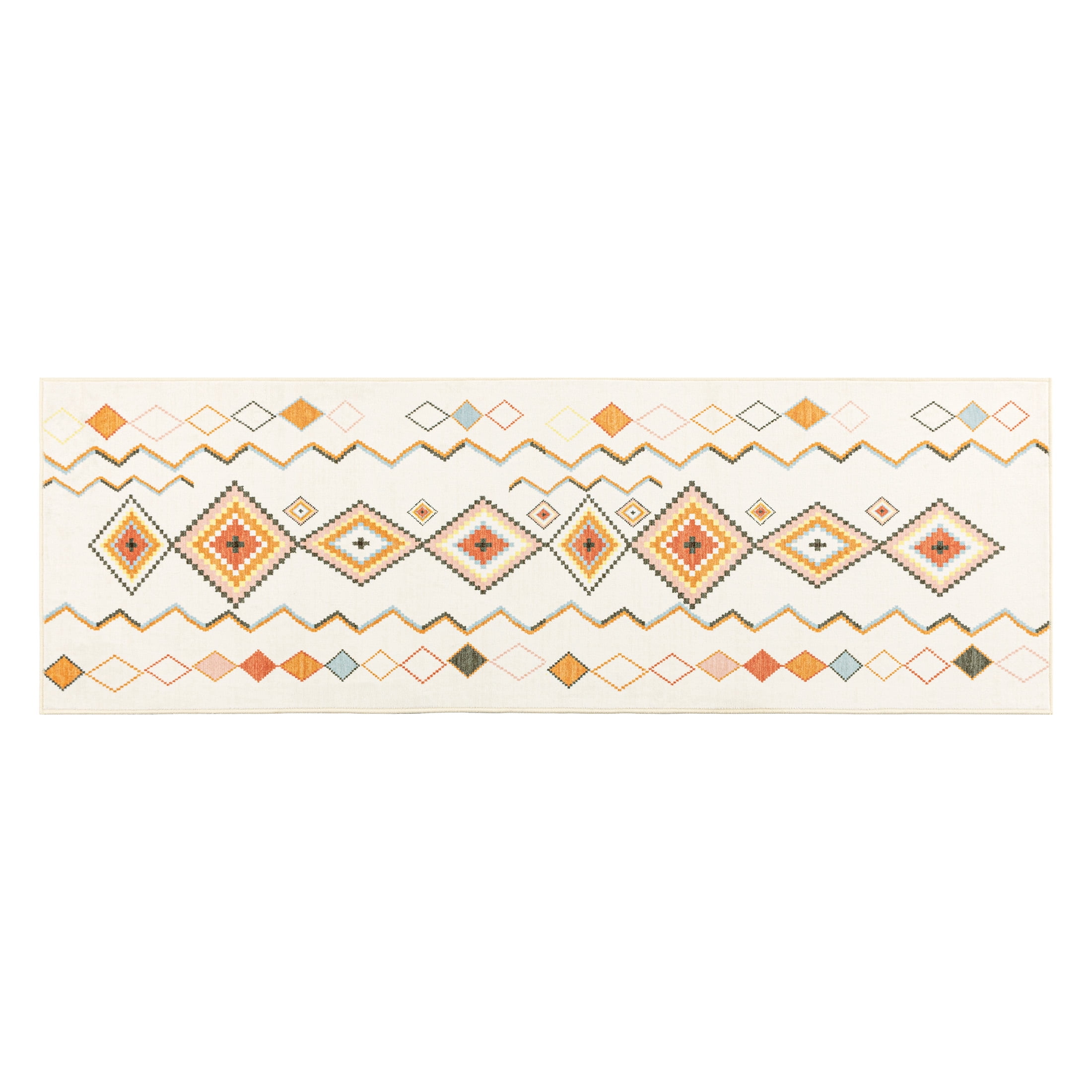 Sleep Zone 2x6 Washable Non Slip Area Rug Boho Rhombus, Wave edge Scalloped Water Resistant Rug for Bedroom Living room