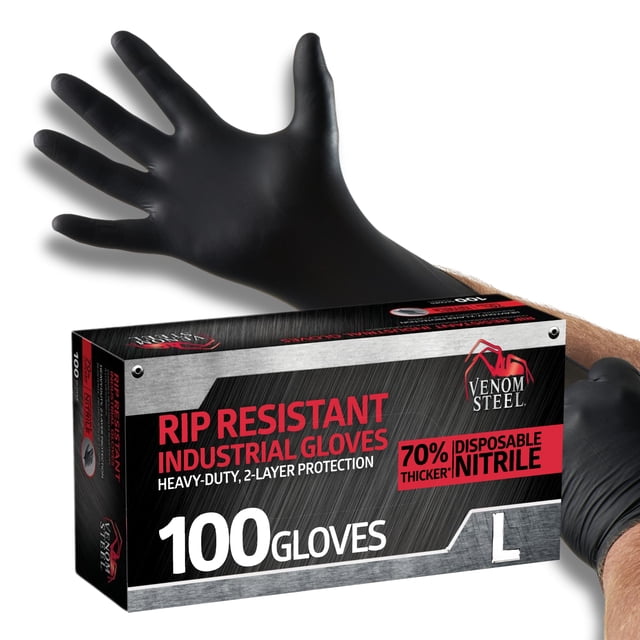 Venom Steel Gants Industriels en Nitrile, Gants Noirs Jetables Résistants aux Produits Chimiques, Sans Latex, Sans Poudre, Prise Texturée, Protection Robuste à Deux Couches