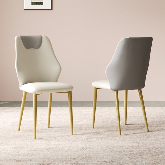 Youmumeub Modern PU Leather Dining Chairs Set of 2, Beige & Gray Upholstered Kitchen Side Chairs, Carbon Steel Gold Legs with Ergonomic Backrest