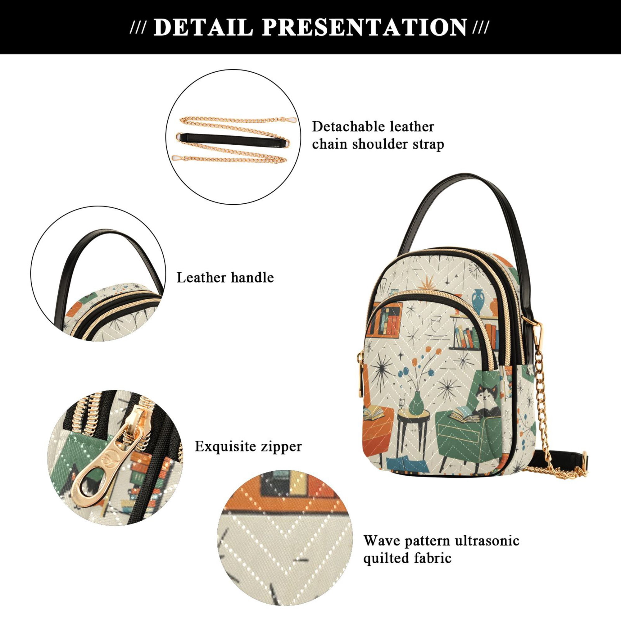 FORMRS Crossbody Bag for Women Quilted Travel Shoulder Cell Phone Purse with Chain Strap Handbag, Beige Cats Reading