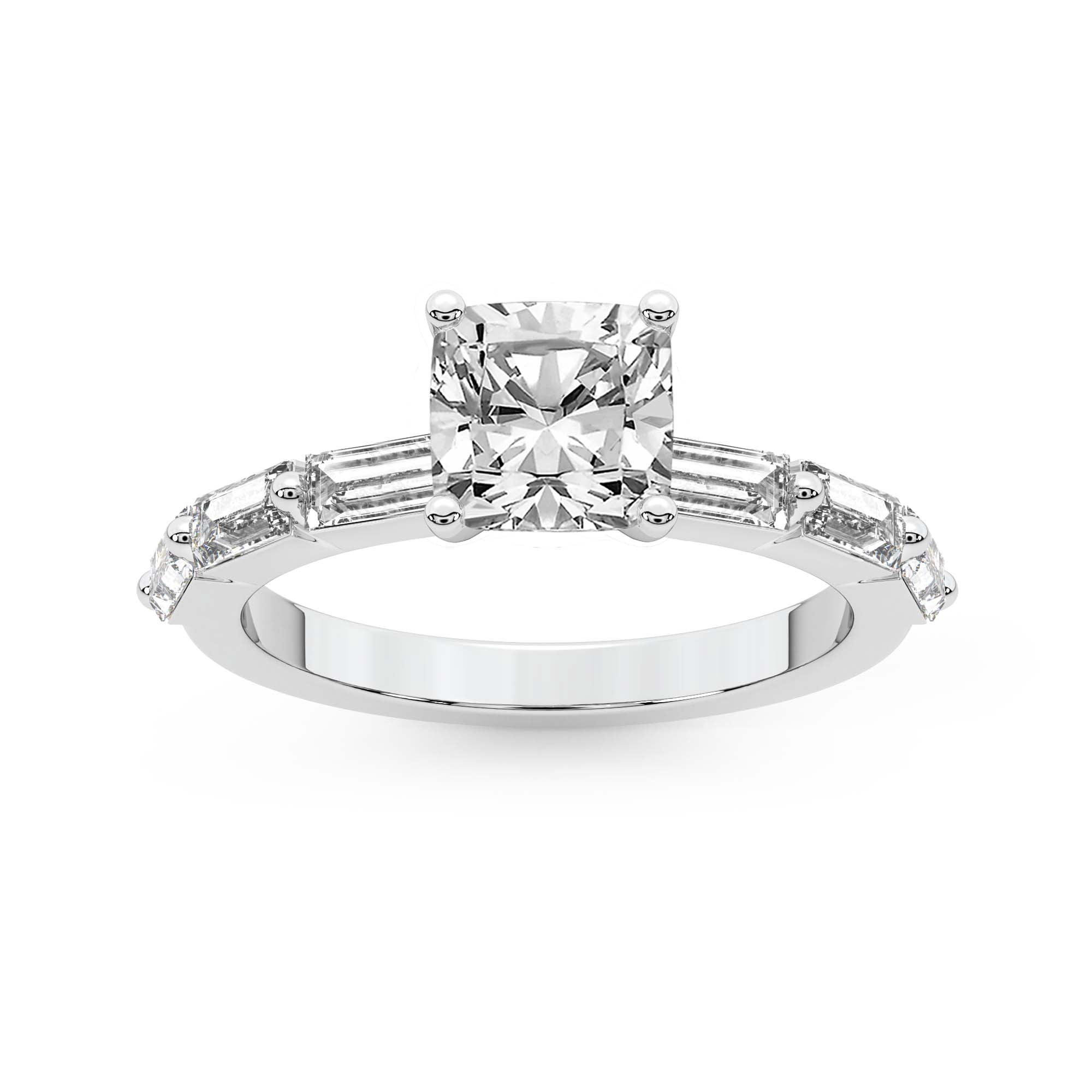 IGI Certified 1 Carat Cushion Shape Lab Grown Diamond Engagement Ring | 14K White Gold | Kimberly Baguette Side Stone Diamond Ring | FG-VS1-VS2 Quality Friendly Diamonds