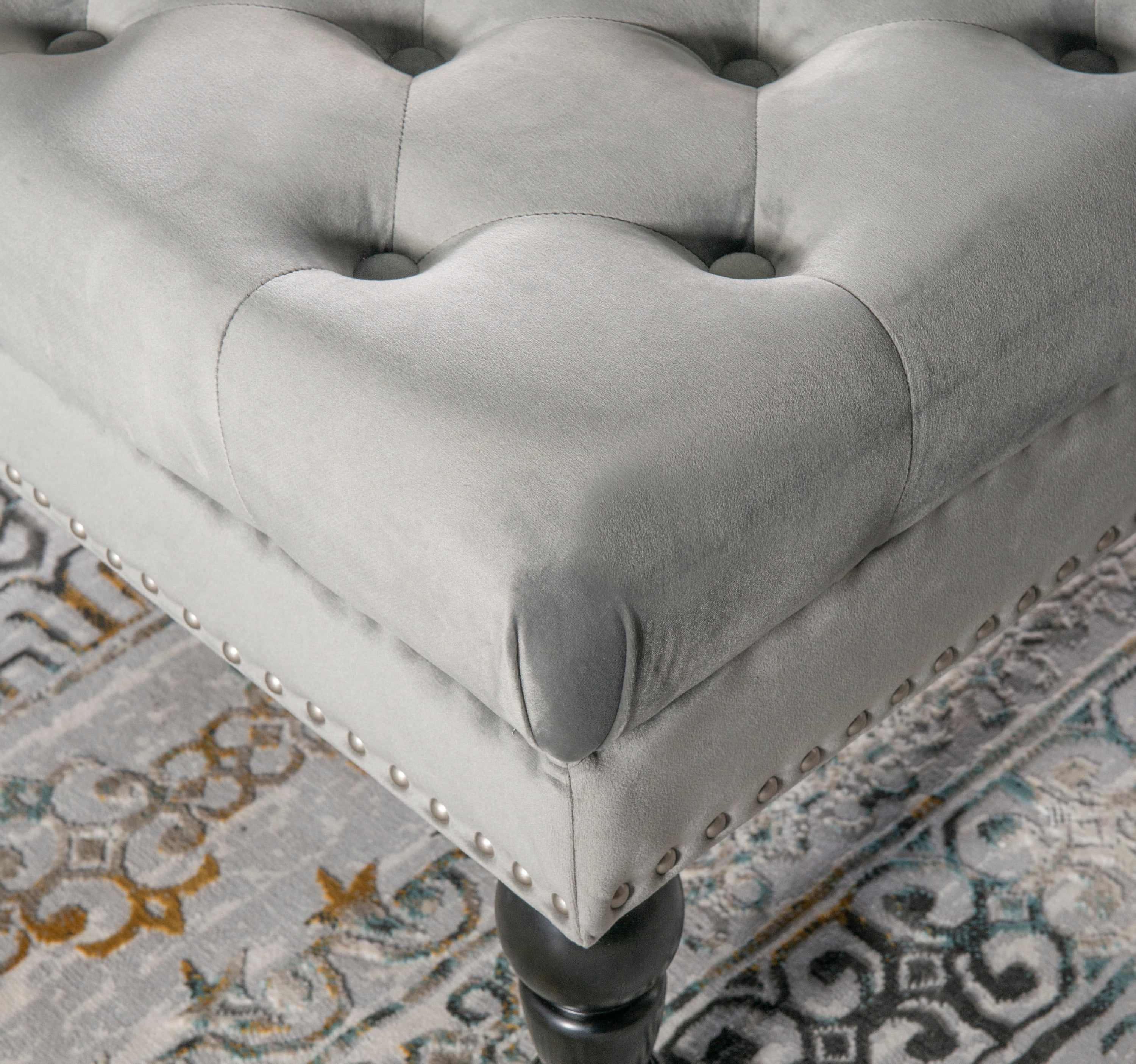 Linon Kacie Square Button Tufted Ottoman, Black/Gray Velvet